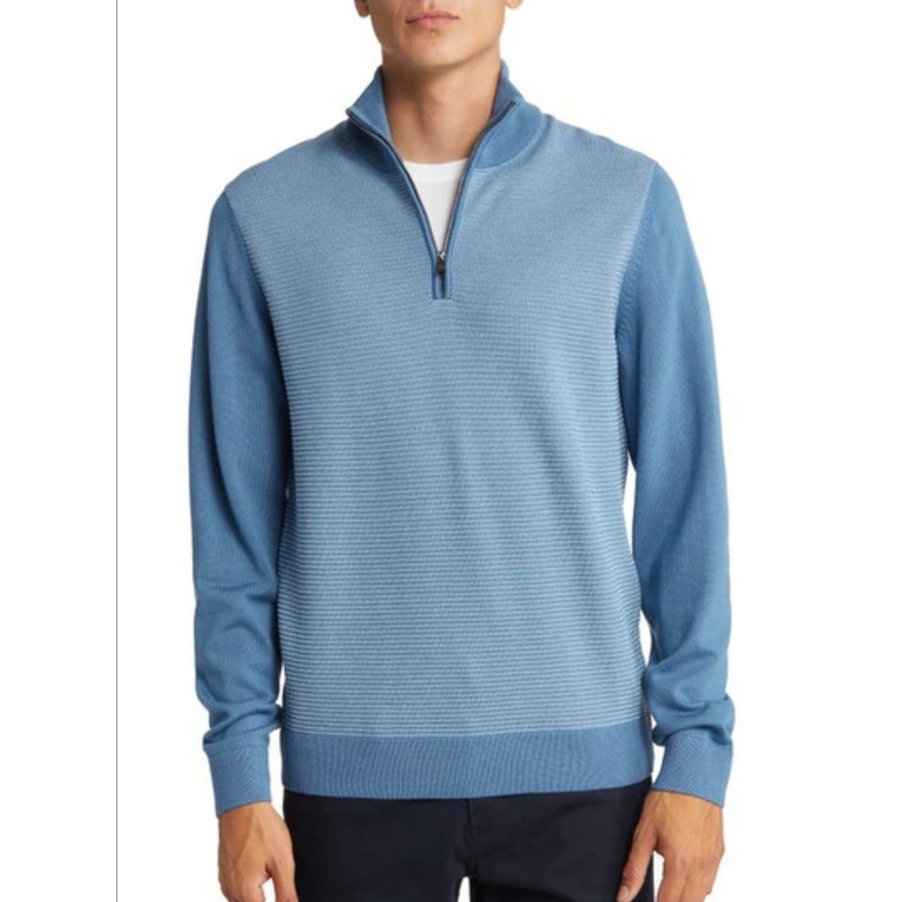 BOSS Quarter Zip Sweater Mens Medium Blue Textured Virgin Wool Cotton Pullover